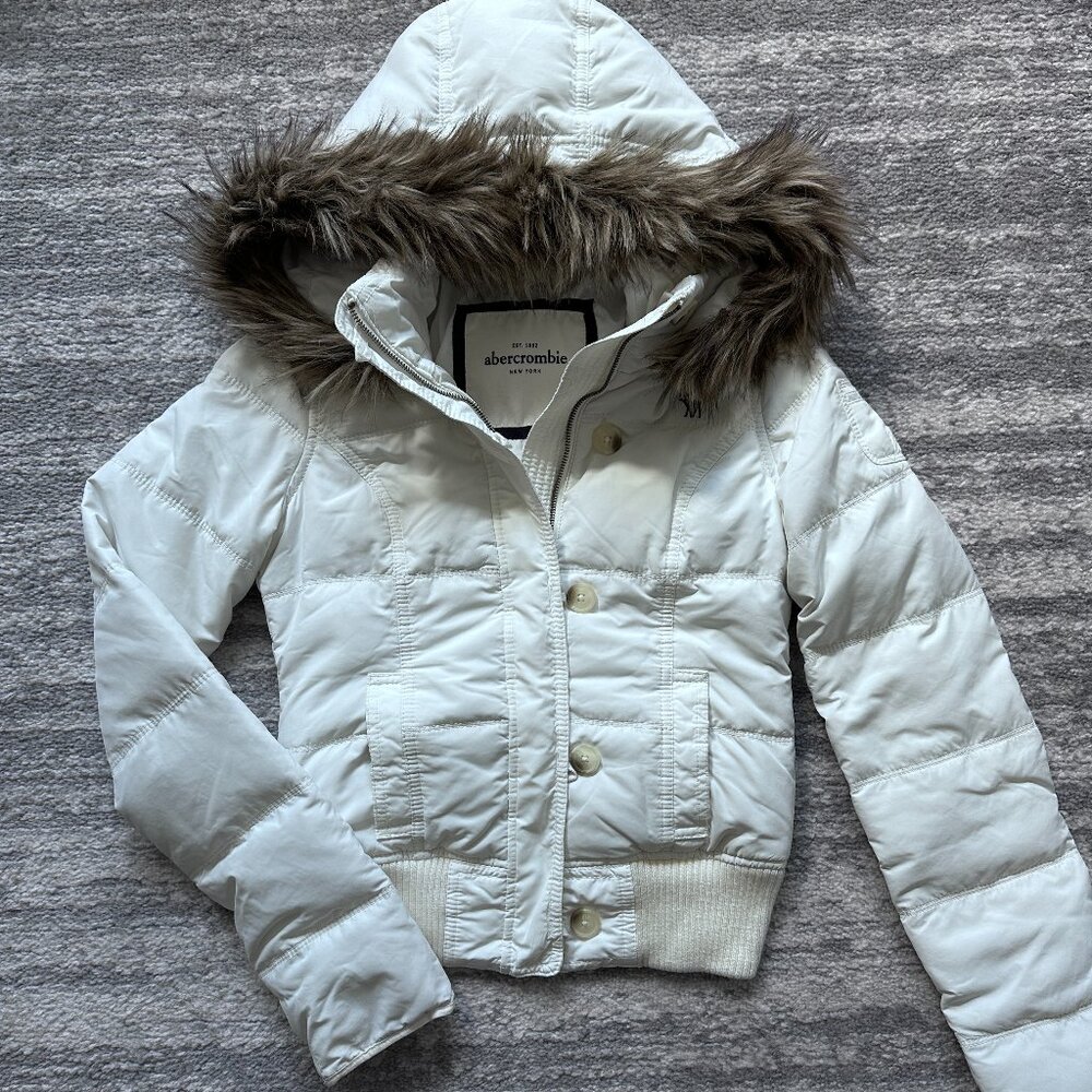 abercrombie kids White Puffer Jacket with Hood